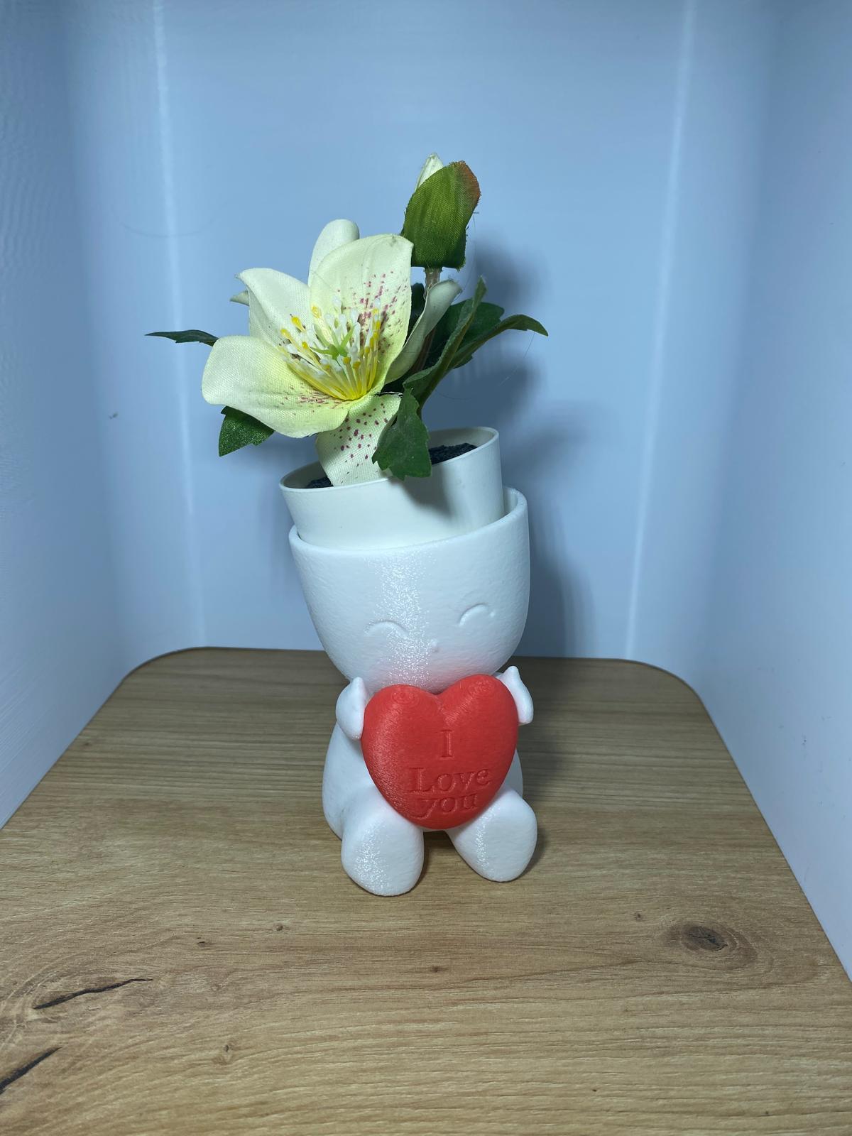 3D‑gedruckter Herz‑Blumentopf mit Blume